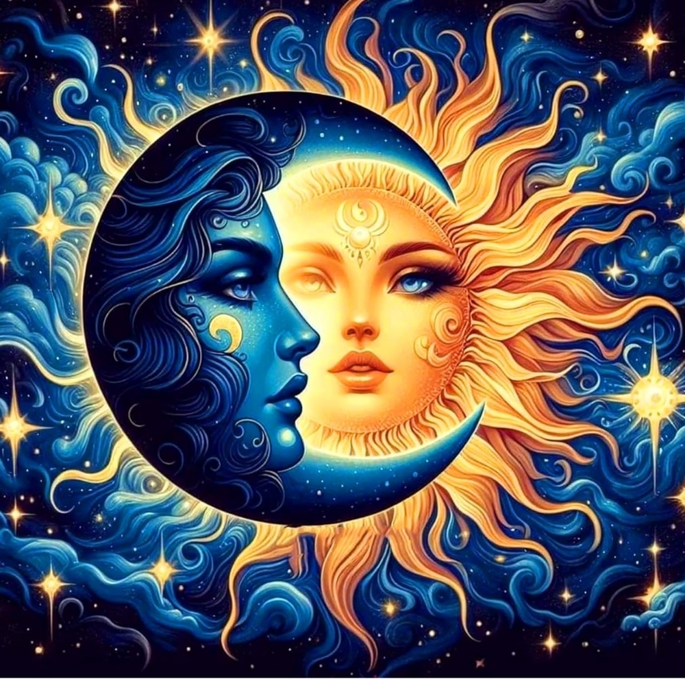 Amazon Celestial Sun and Moon Art - Blue and Gold